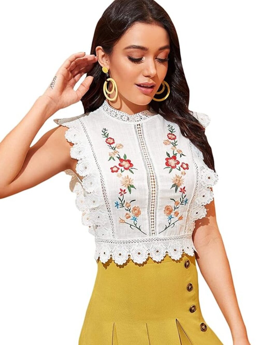Floral embroidery with water-soluble guipure lace trim Crop top size L